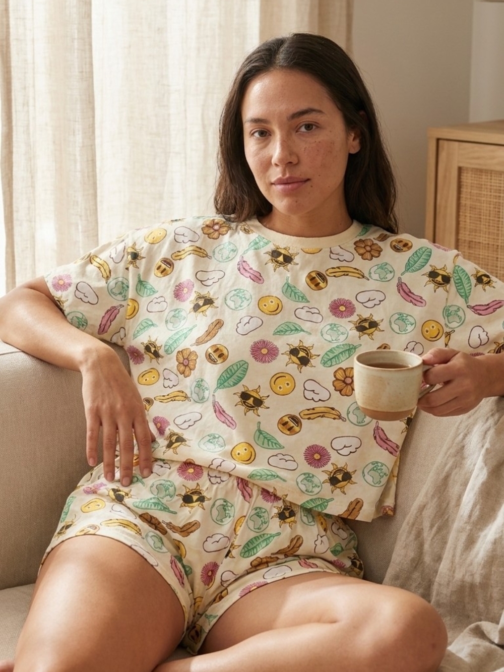 Meme Cream Short Pajama Set with Multicolor Icon Print